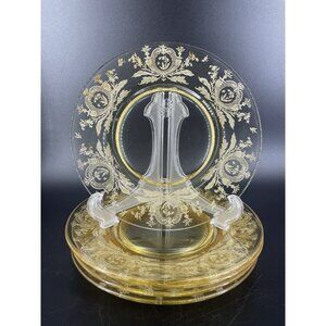 Set 5 Tiffin La Fleure Yellow Etched Glass Luncheon Salad Plates